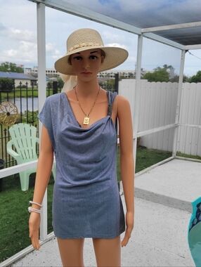 Hybrid Apparel Metallic Silver One Shoulder Cowl Neck Top - Size Large